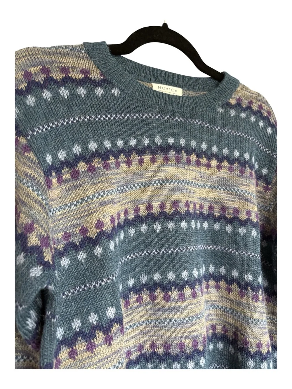 NOVICA 100% Alpaca Fair Isle Sweater Medium Blue Purple Made in Peru Soft
